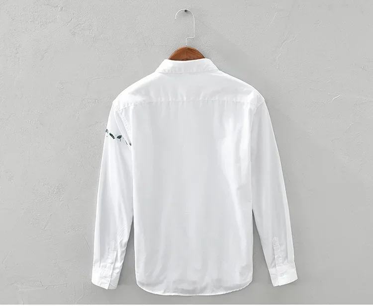Spring Summer New White Shirt Men Pure Cotton Casual Mens Long Sleeve Shirts Floral Embroidery Shirt Japanese Fashion Clothes