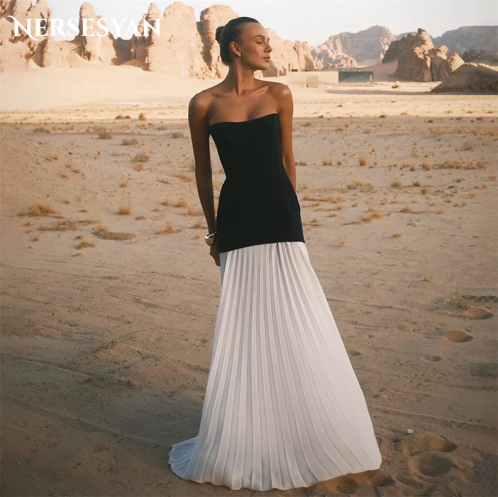 

Nersesyan Elegant Black And White Prom Dresses Off Shoulder Pleats A Line Evening Party Gowns Backless Formal Dress Customized