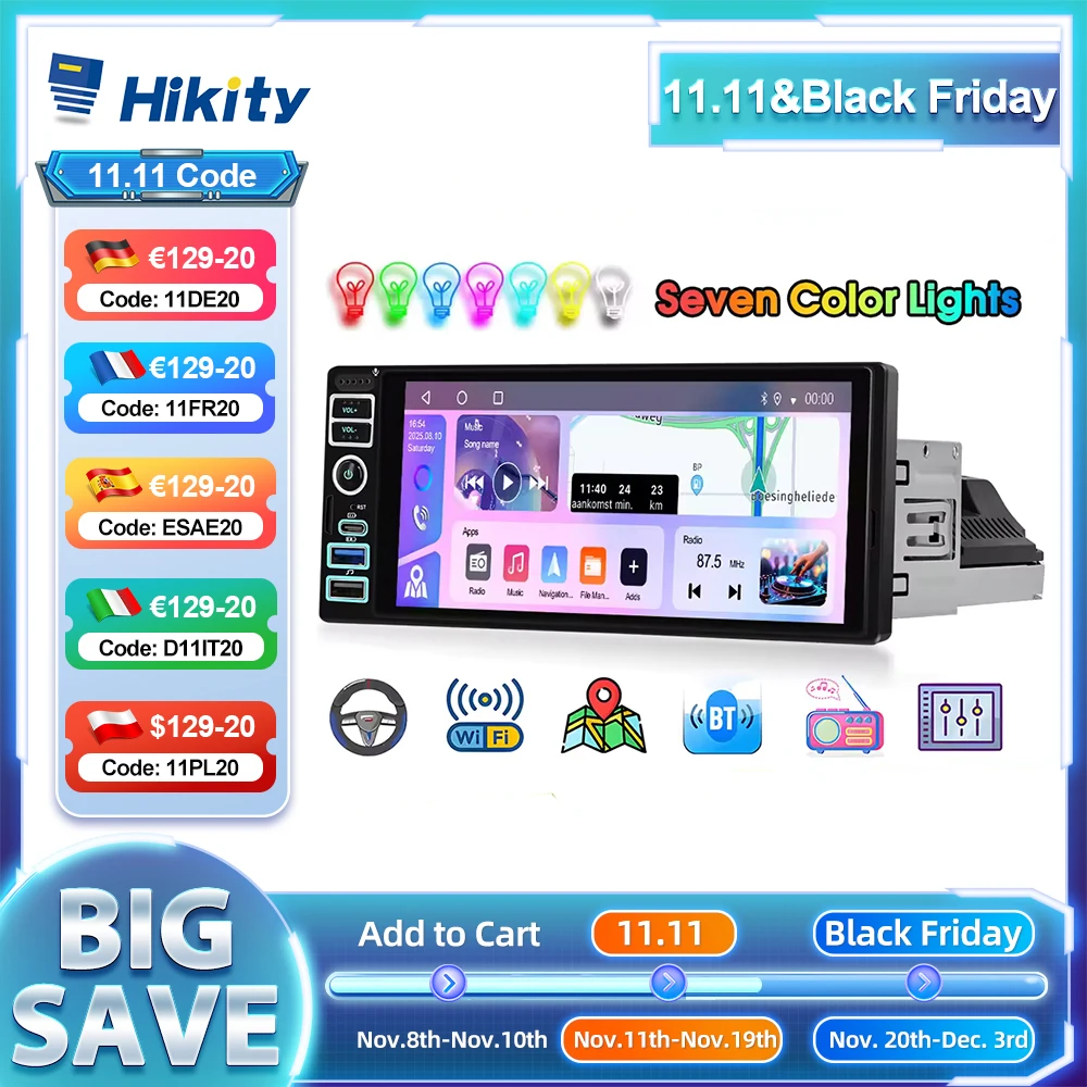 Hikity 4 + 64G 1 DIN راديو السيارة الاندورويد AI DSP Carplay أندرويد السيارات مرآة ربط نظام تحديد المواقع والملاحة واي فاي نظام السيارة الذكي FM/RDS #1