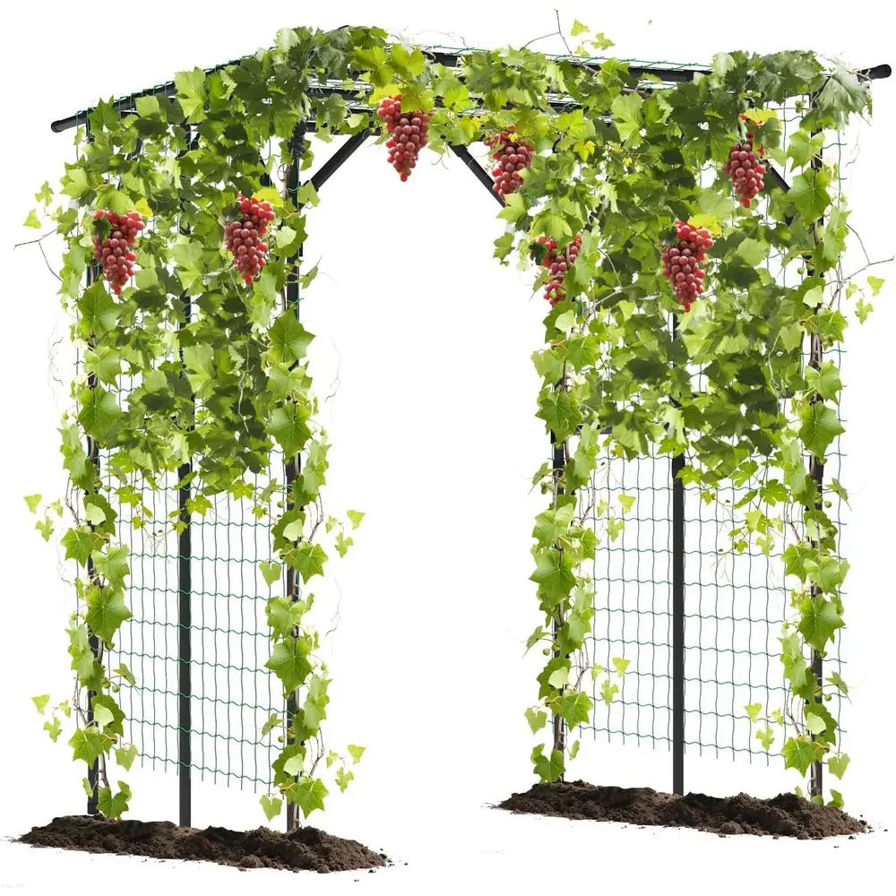 Outdoor Grape Vine Trellis, 79 x 59 x 78 Large Garden Arch with PE-Coated Metal & Netting, Tall Archway Pergola for Cucumbers, V