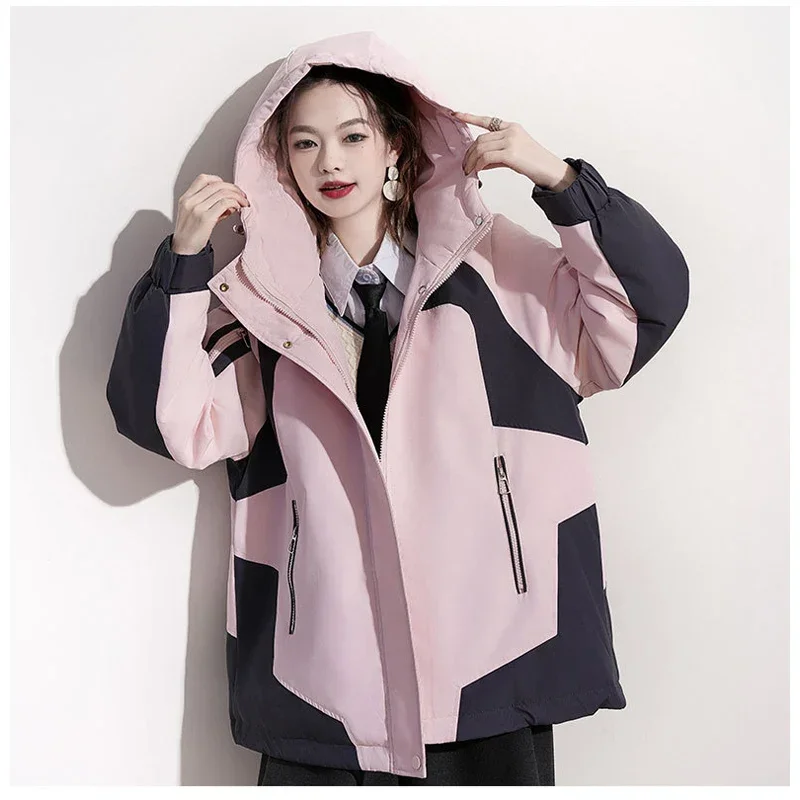 

TFETTERS Winter Jacket Women 2024 New Casual Loose Warm Cotton Outdoor Clothing Stitching Color Hooded Coats for Women Clothing