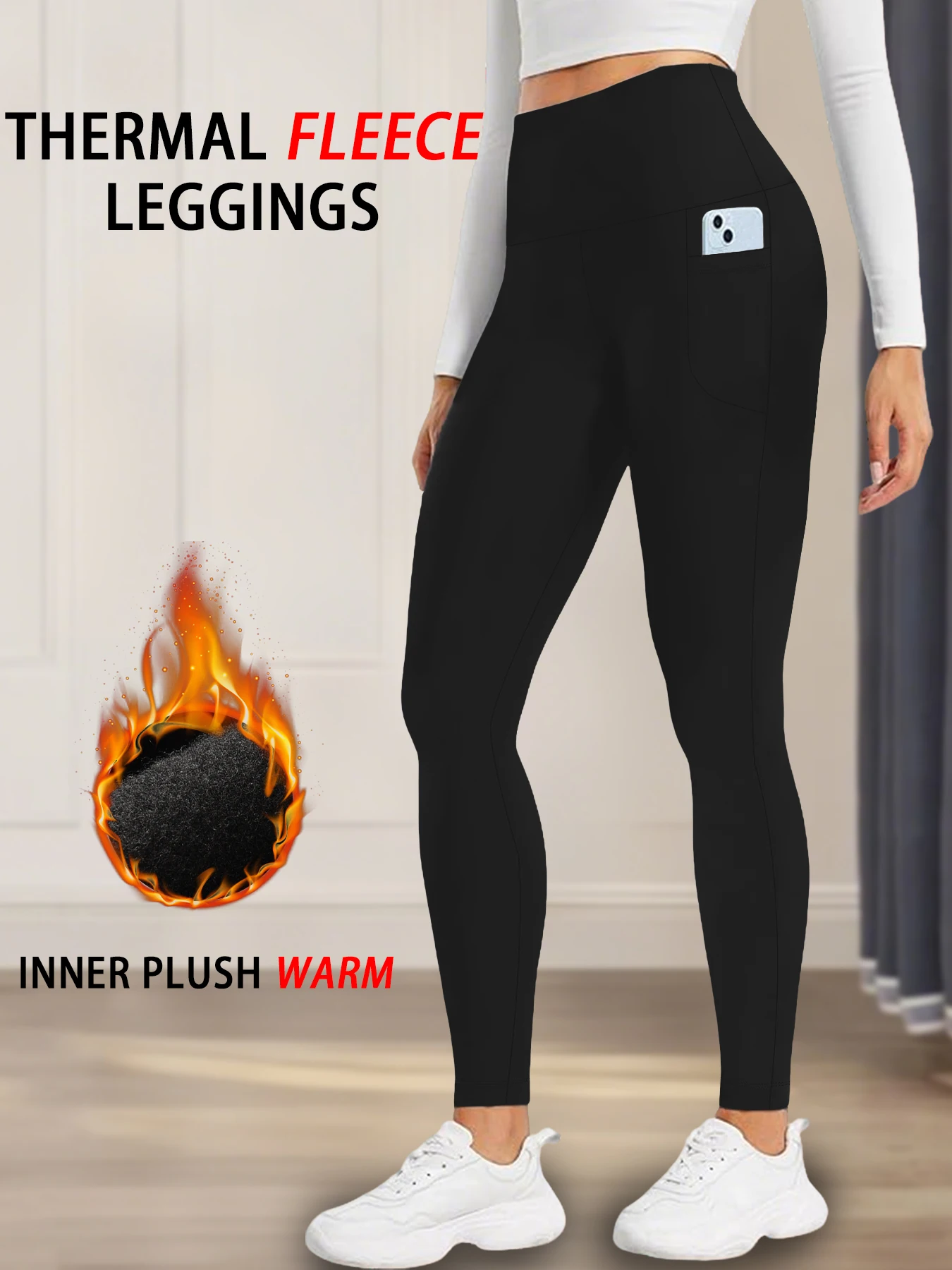 Women's High Waisted Fleece Lined Leggings with Pockets - Thermal Tummy Control Thick Warm Tights for Winter Workouts and Yoga