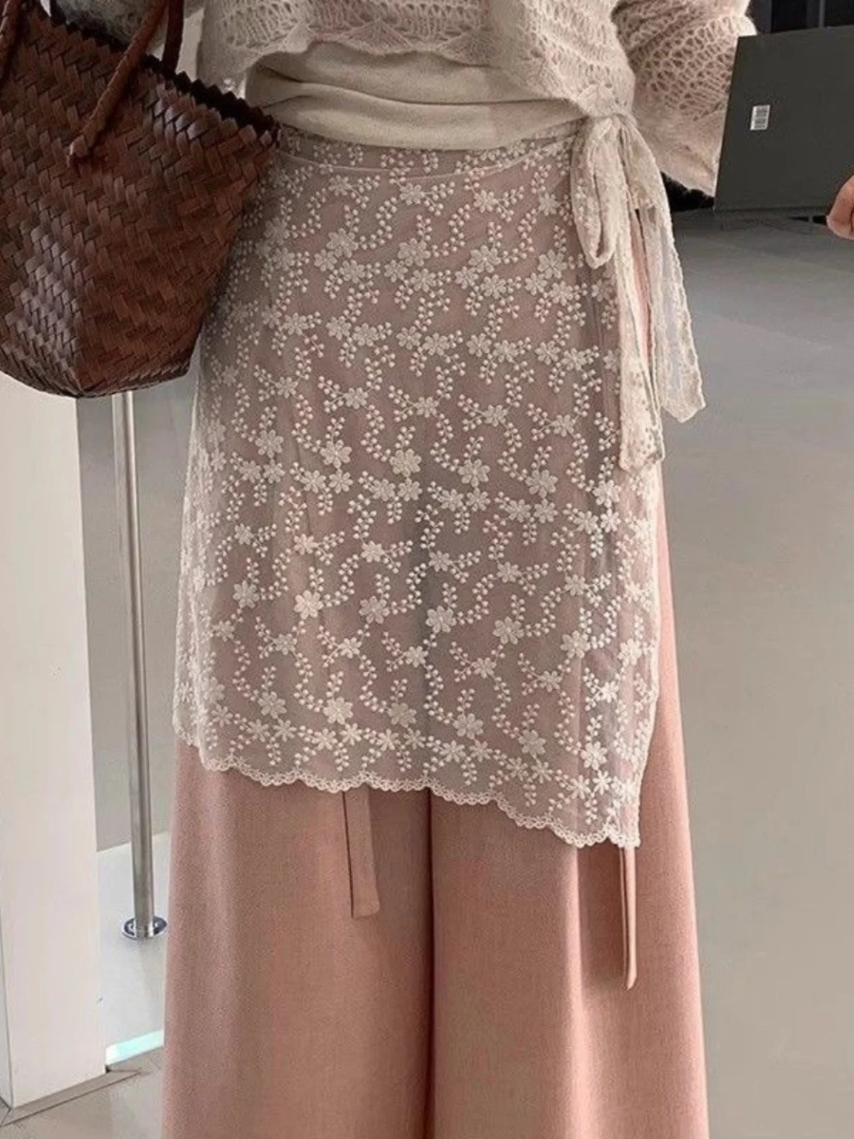 

Retro Knot Design Lace Skirt Korean Sle A-Line Skirt Floral Print Medium Waist Mid-Length Women's Faion Summer 2024