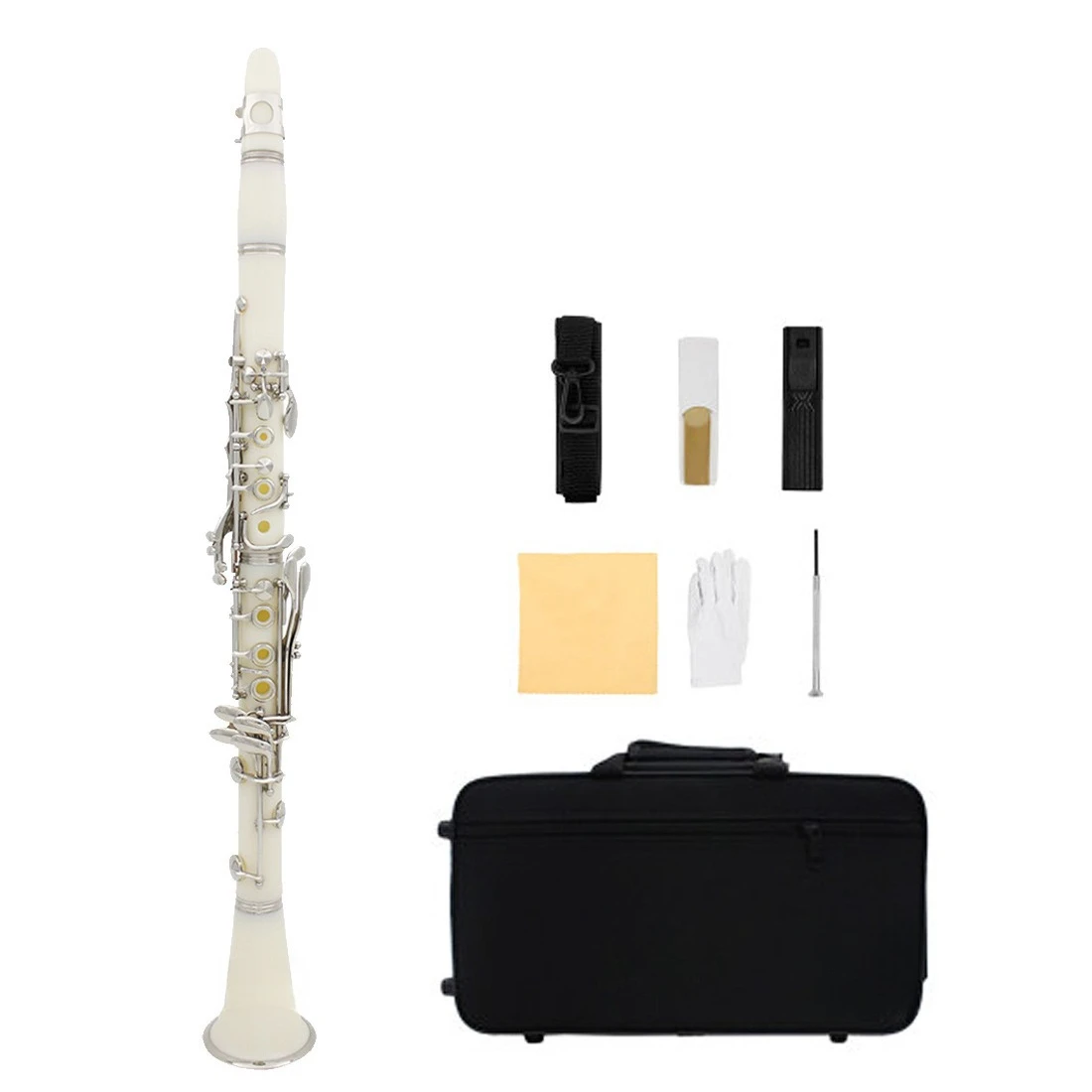 Clarinet Bb High Pitch, Professional Grade, 2-Piece, White, Exam Level, Musical Instrument