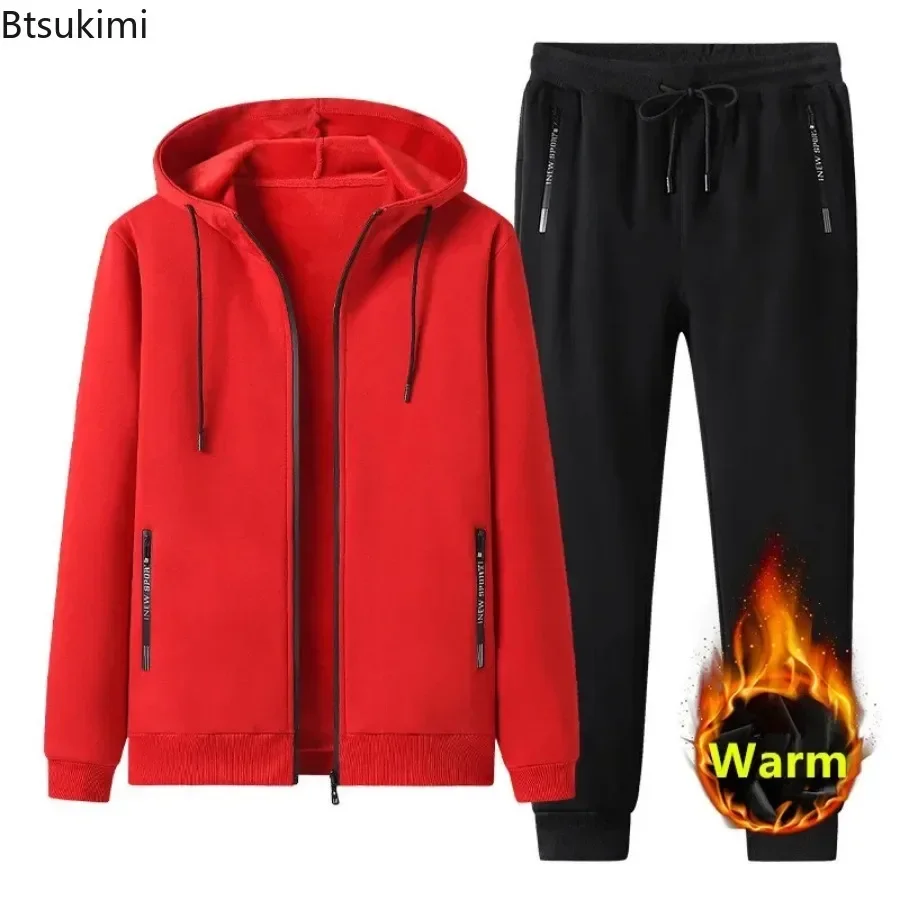 2024 Autumn Winter New Men Sets Men\'s Fashion Plus Fleece Thickened Warm Pure Cotton Hooded Sportwear Suit Man Casual Tracksuits