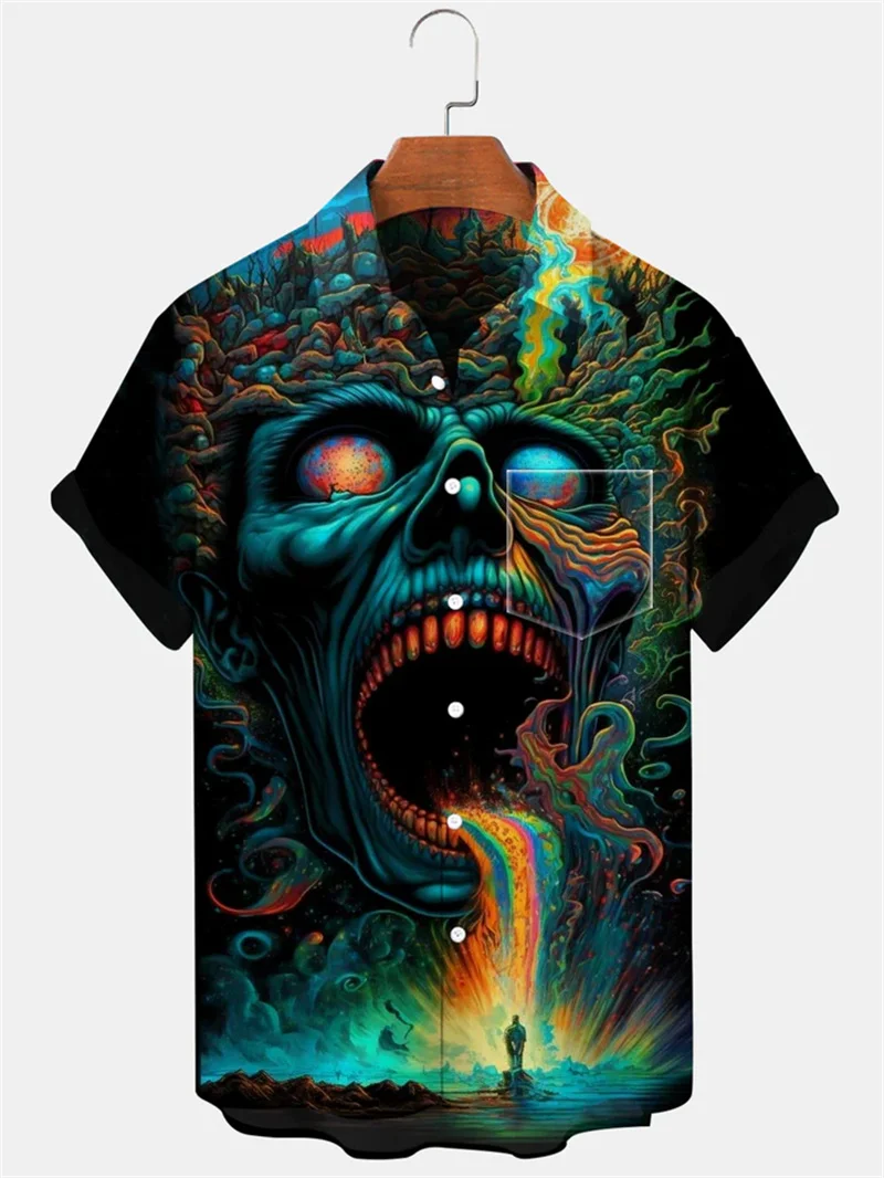 2025 new men's short sleeved shirt skull face 3D printed short sleeved retro loose oversized men's holiday clothing