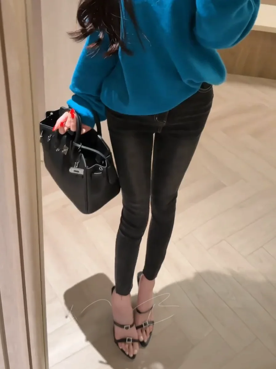 

Slim Fit Fleece Lined Denim Jeans Women's High Waist Cotton Stretch High Elasticity Body Shaping Hip Enlarging Korean Style