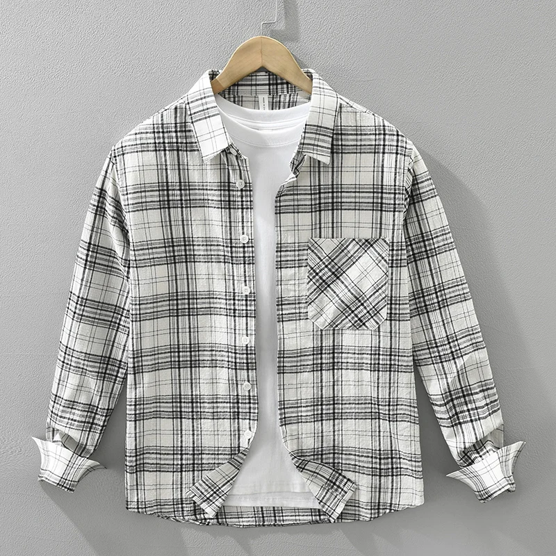 

Осень 2023, новая клетчатая рубашка для мужчин, хлопковые свободные рубашки с длинными рукавами, модная мужская одежда больших размеров