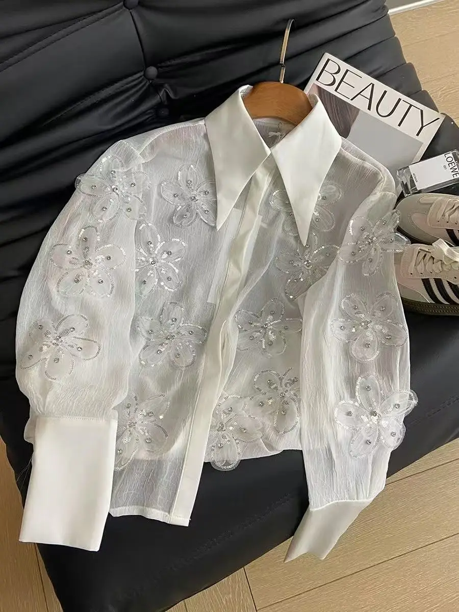 2025 outono verão nova tendência solta diamante lantejoulas flor bordado camisas de festa blusas para mulheres de manga comprida topo camisas