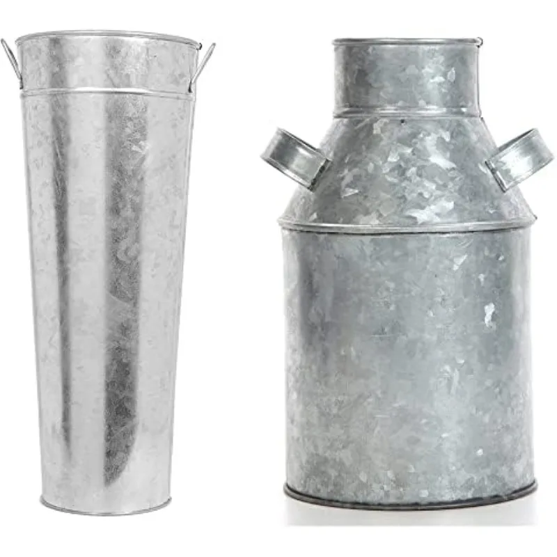 

15 Inch High Galvanized Vase & Hosley Galvanized Milk Can - 9.75" High