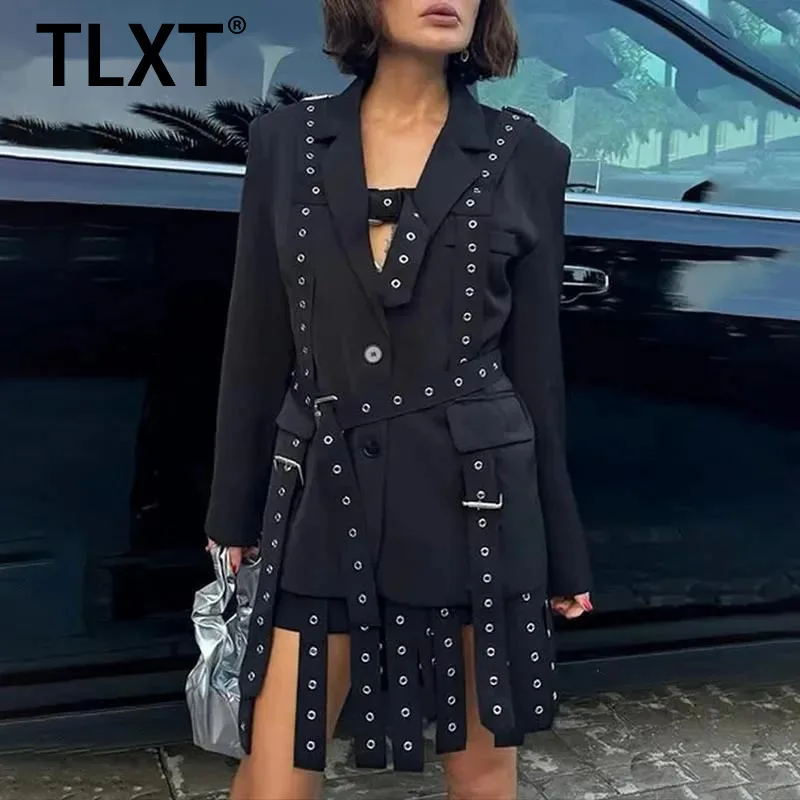 

TLXT Solid Spliced Belts Loose Blazers Women's Notched Collar Long Sleeve Patchwork Button Casual Blazer Female New 2025 Autumn