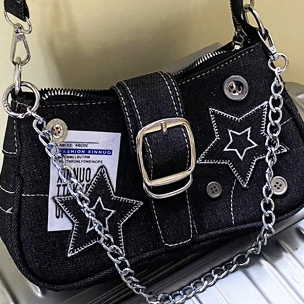 Y2k Fashion Women's Handbags Stars Pattern Cool Girls Underarm Bag Vintage Canvas Female Small Shoulder Bags Chain Tote Purses view 5