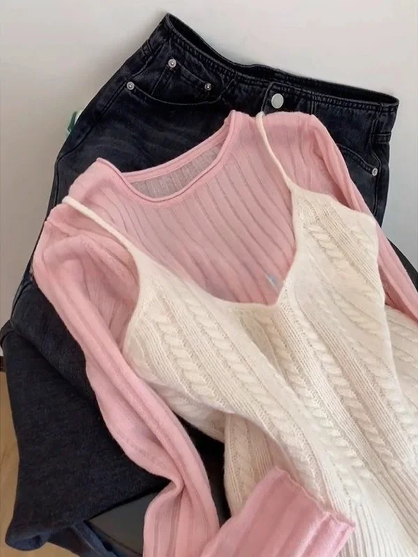 Coreano Sle rotondo Ne maglione lavorato a maglia cinturino da donna autunno delicato Ele dimagrante lungo Sve top gilet set da due pezzi