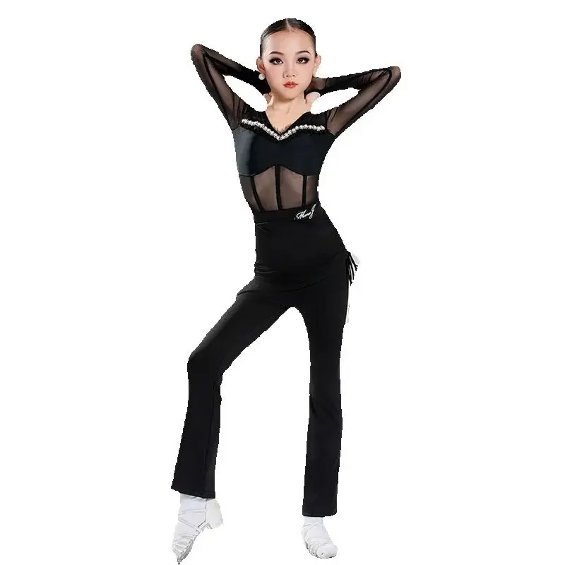 ชุดเต้นรำบอลรูมสำหรับเด็ก ชุดเต้นรำแซมบ้าละตินสำหรับเด็กผู้หญิง เสื้อละตินสีดำ กางเกงเต้นรำสมัยใหม่ ชุดฝึกซ้อม