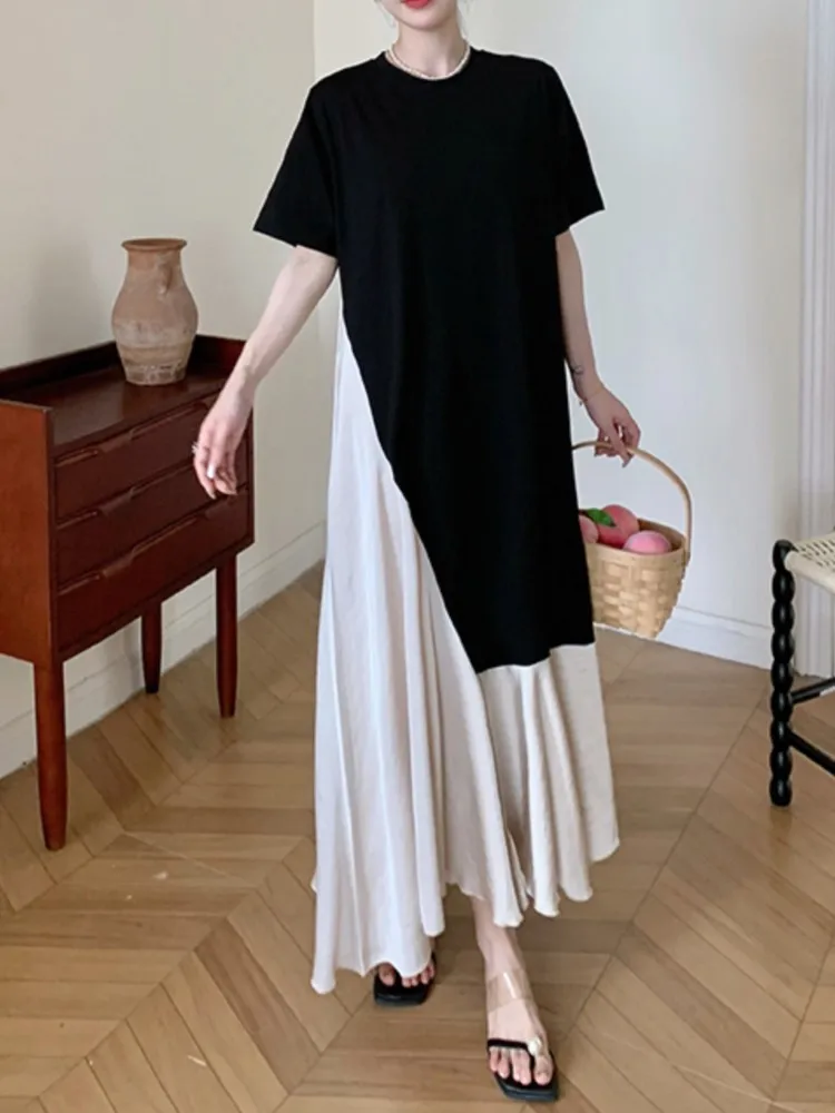 Summer Long Dress Women Irregular Pleated Patchwork Fashion Ruffle Ladies Dresses Korean Loose Casual Woman Short Sleeve Dress