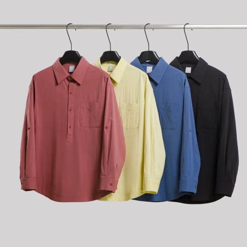 Unisex Crinkle Texture Shirt Half-Placket Turn-down Collar Loose Fit Roll-up Sleeves Casual Spring Summer Top