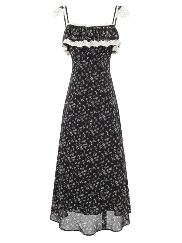 Retro Lace Splicing Floral Halter Dress Women Summer Waist in Slimming Holiday Style Long Skirt French Style Bell 