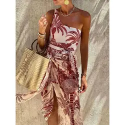 Roter Palm Badeanzug mit Gürtel neue One Shoulder Retro Bade bekleidung für Frauen Strand einteilige Seite Beach wear Conjuntos de Biquínis