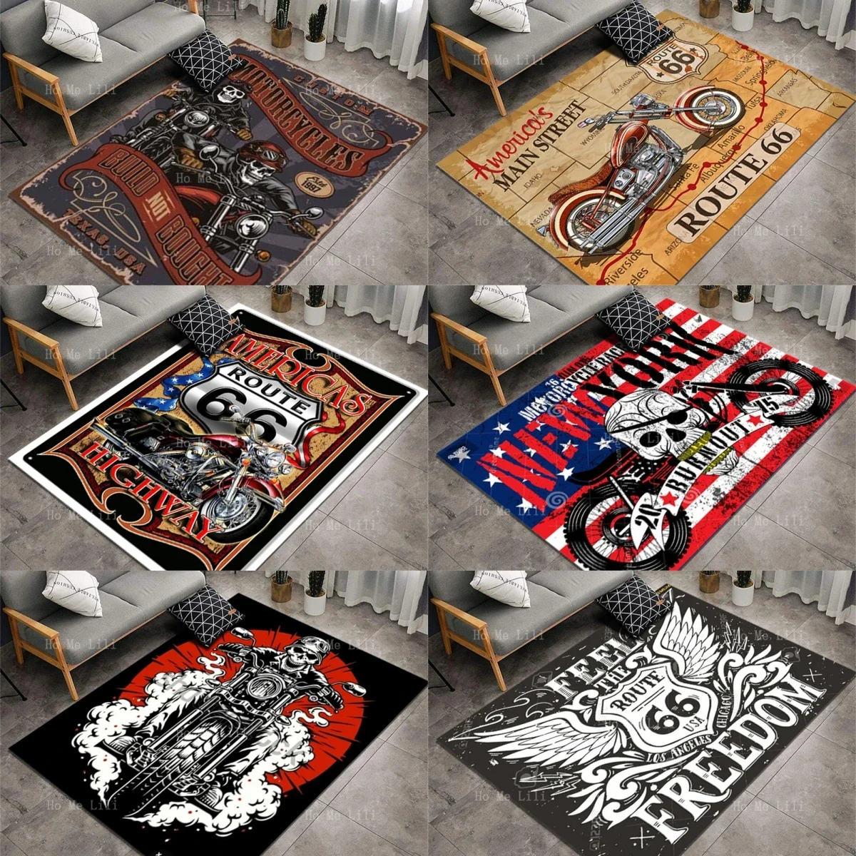 Vintage Metal Plaque U.S. Highway 66 Sign Flag Skull Motorbike Graphic Vector Design Non Slip Flannel Floor Rugs