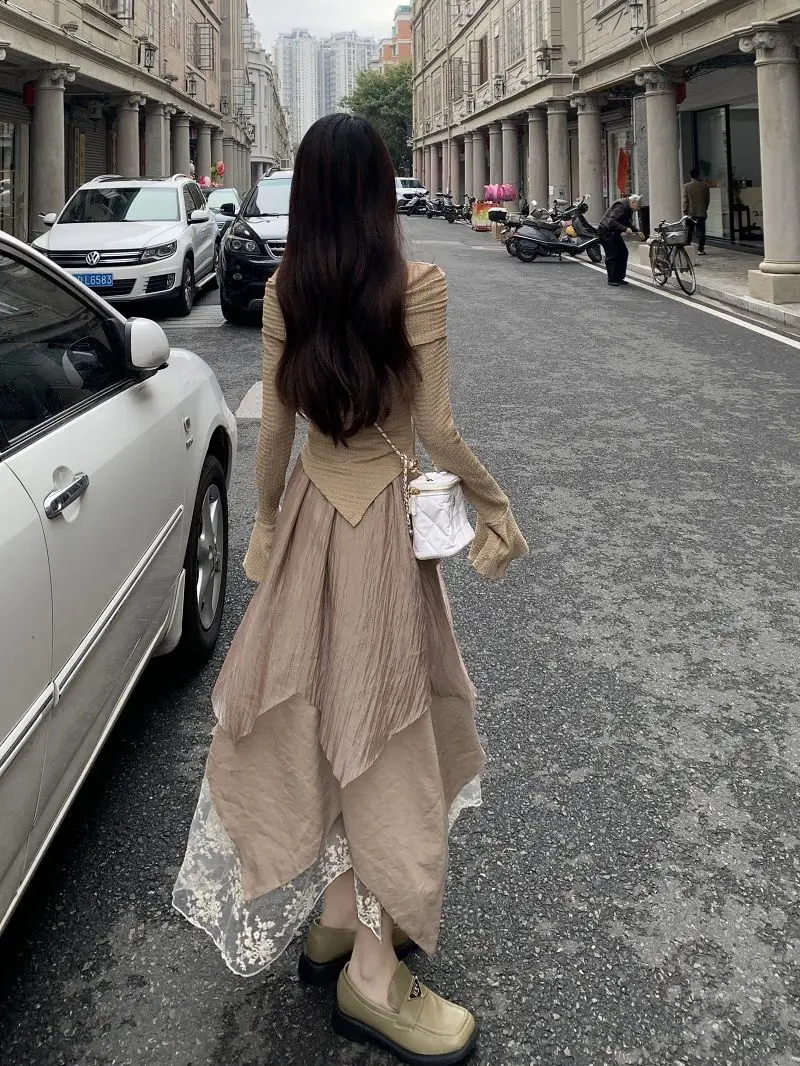 Elegant Women Two Pieces Set New Design Irregular Tops Vintage Gentle Ladies Midi Skirt High Quality Female Outfit 2024 Suit