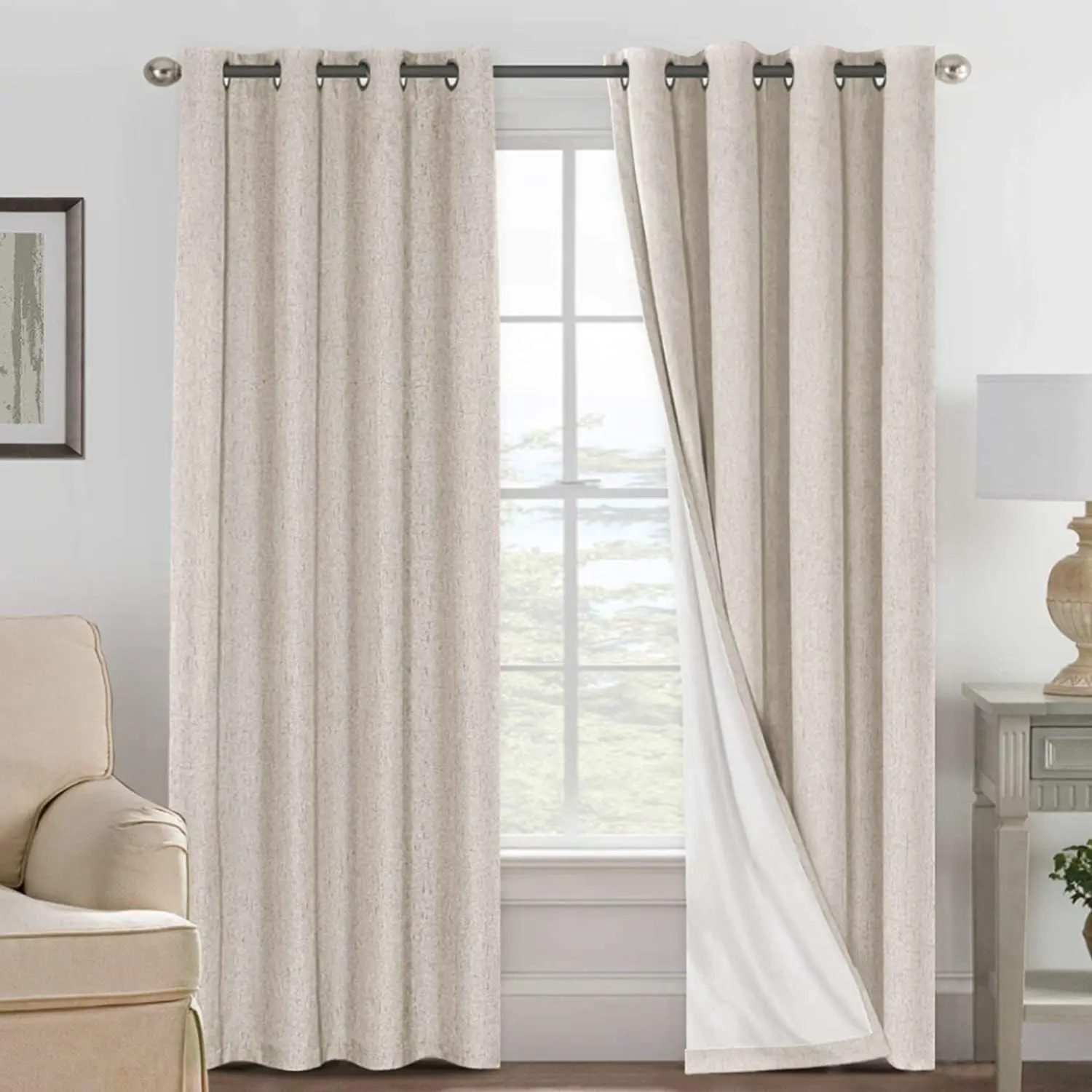 Natural 2-Panel 84-Inch Grommet-Top Textured Linen  Blackout Curtains, Built-In White Liner, Energy Efficient &  for Bedrooms & Living Rooms