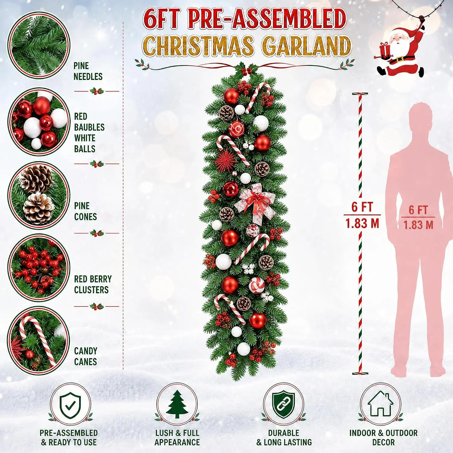Garvee 6/9ft Christmas Garland Wreath Artificial Pine with Pinecones and Berries Xmas Tree Hanging Ornaments for Home Outdoor Yard Party Door Fireplace Stair Decoration