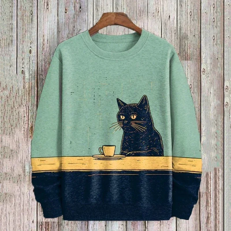 

Cute cat print men's long-sleeved sweatshirt spring and autumn fashion casual round neck sweatshirt loose large size men's cloth