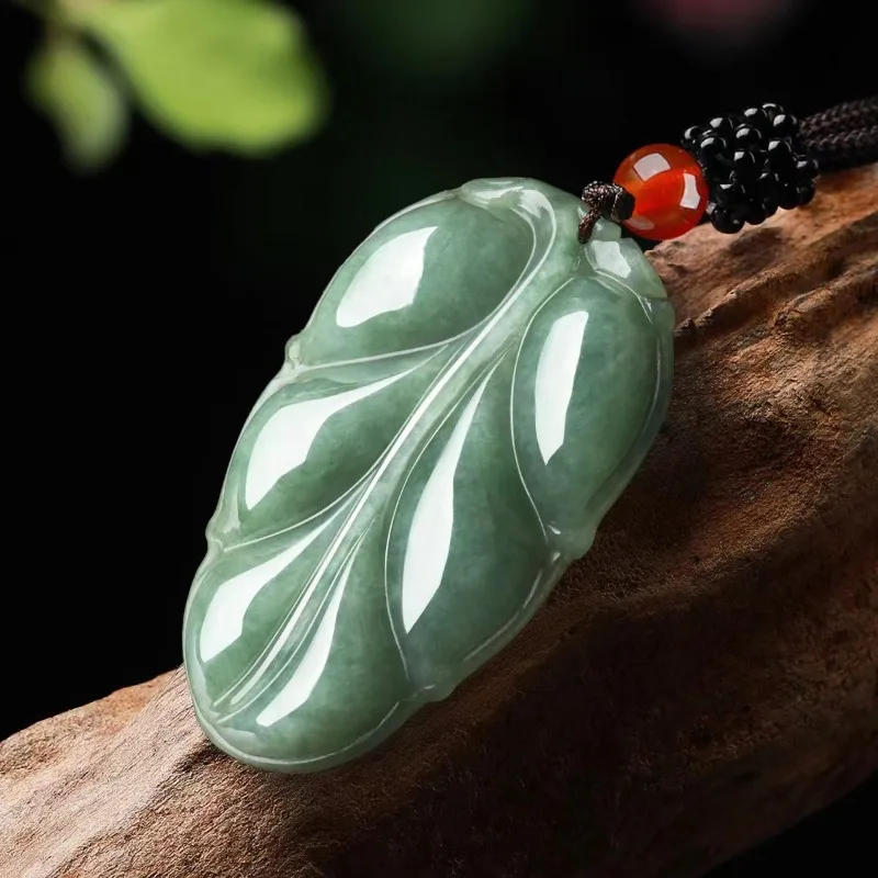 Light Green Ice Couple Necklace with Golden Branches and Jade Leaves Pendant