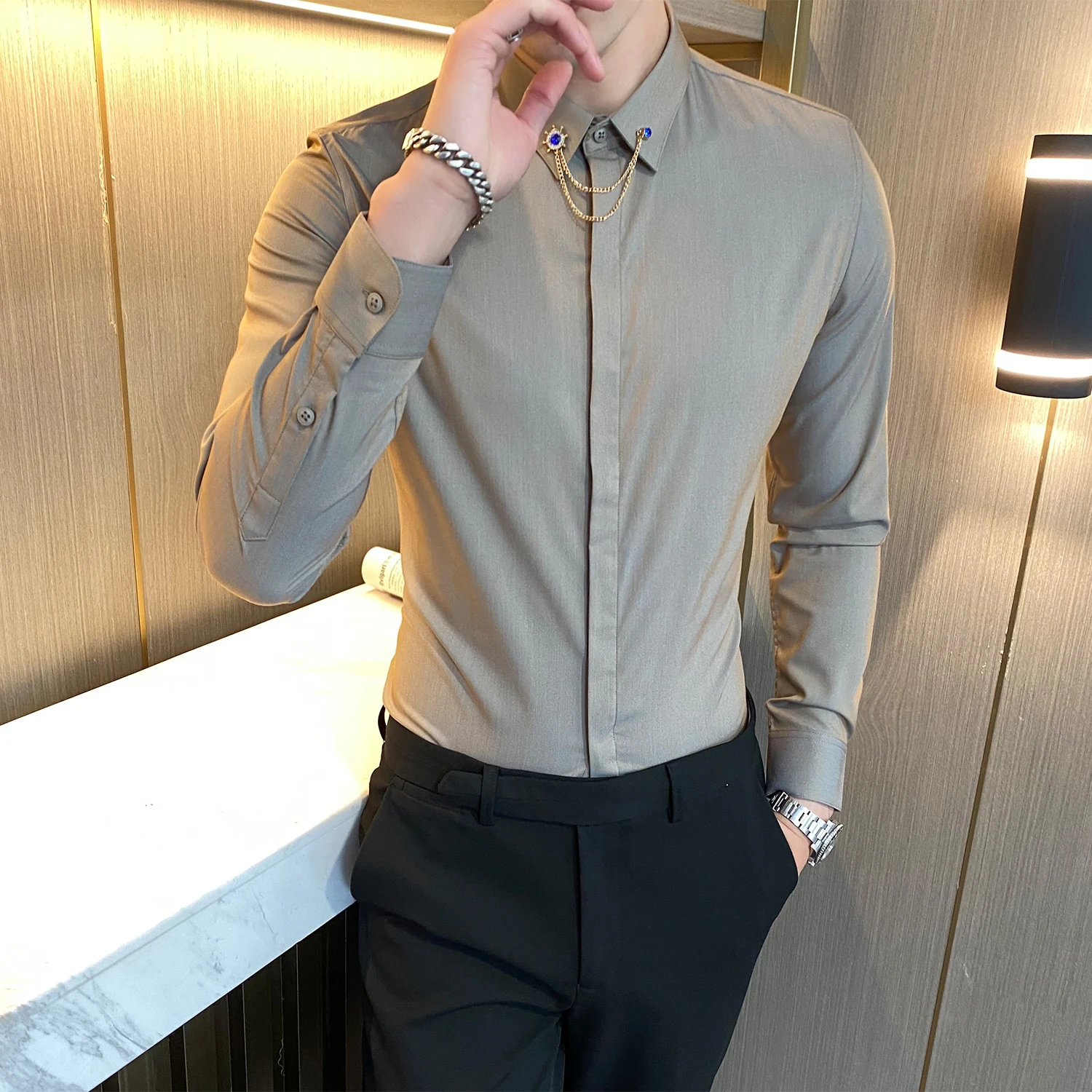 

High-quality Men's Casual Business Elite with Multi-color Optional Fashion Trend Solid Color Suit with Slim Long-sleeved Shirt