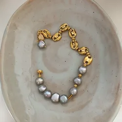 Gray pearl coffee bean chain bracelet for women magnetic clasp bracelet minimalist elegant jewelry summer