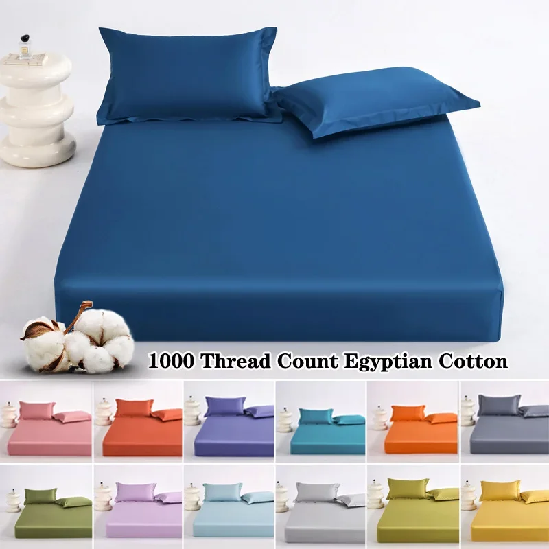 100% Egyptian Cotton Bed Sheets Home Bed Linen 1000 Thread Count Fitted Sheet with Elastic Band Solid Mattress Cover 140/160 1PC