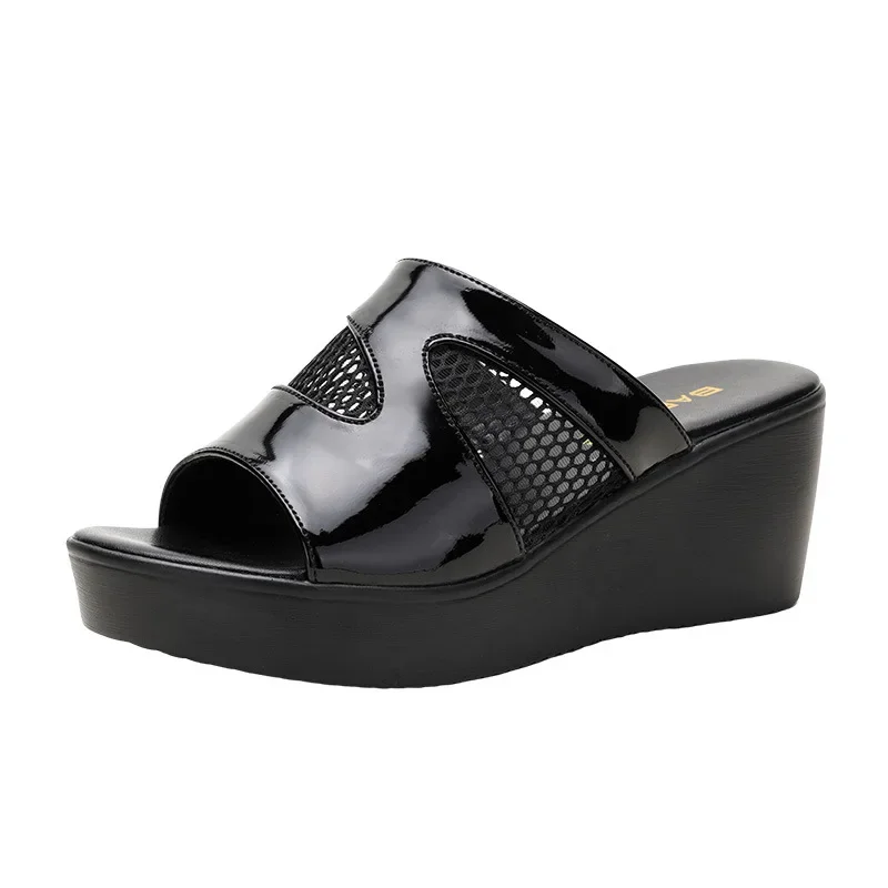 

6cm New Thick Bottom Mesh Leather Slippers Platform Shoes Summer 2025 Summer Med Heels Wedges Slides for Office Mom Beach