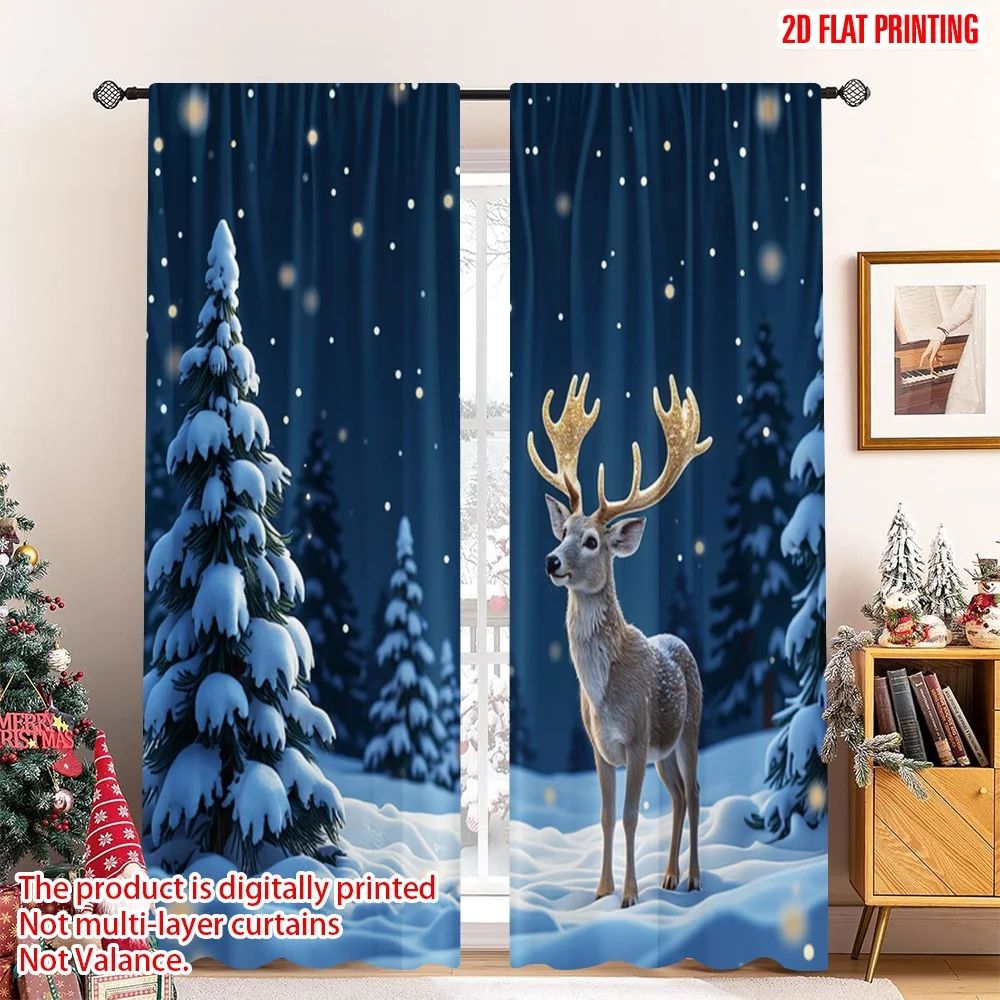 

2pcs 2D flat printing Christmas Scene Curtain Deer Christmas Snowflakes Lights 100% Polyester Without Electricity Party &