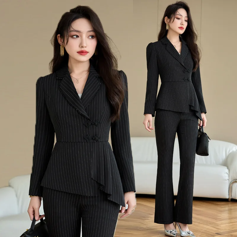 Black Striped Suit for Women New Style2024Autumn Winter High-End Slimming Professional Outfit Strong Aura Women's Formal Wear