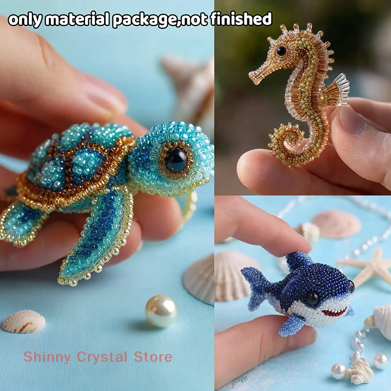 1Set Bead Embroidery Kit Material Package DIY Cute Octopus Turtles Sharks Design Craft Kit For Beginners Creative Handmade Gift