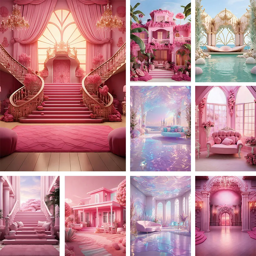 Mehofond Photography Background Summer Pink Castle Flower Beach Mermaid Girl Birthday Party Portrait Decor Backdrop Photo Studio