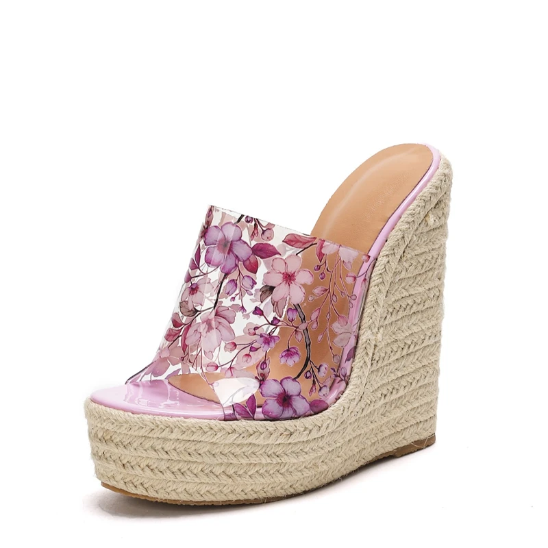 Eilyken PVC Transparent Flower Open Toe Platform Wedges Women Slippers Designer Twine Weave High Heels Banquet Slide Shoes view 5