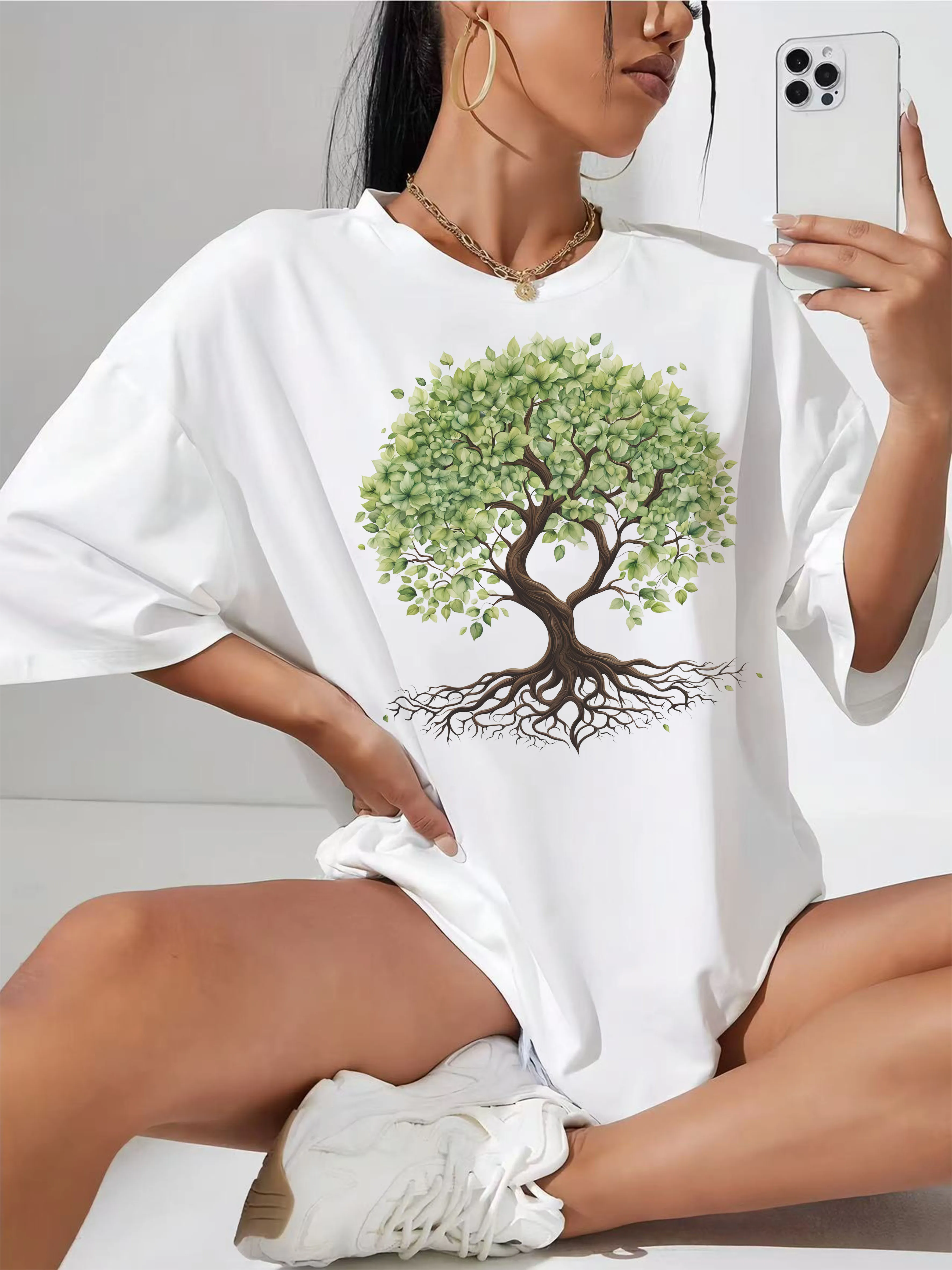 

Natural-tree-of-life Fashionable White T-Shirt for Women Round Neck Comfortable Ideal for Summer Post-Pregnancy