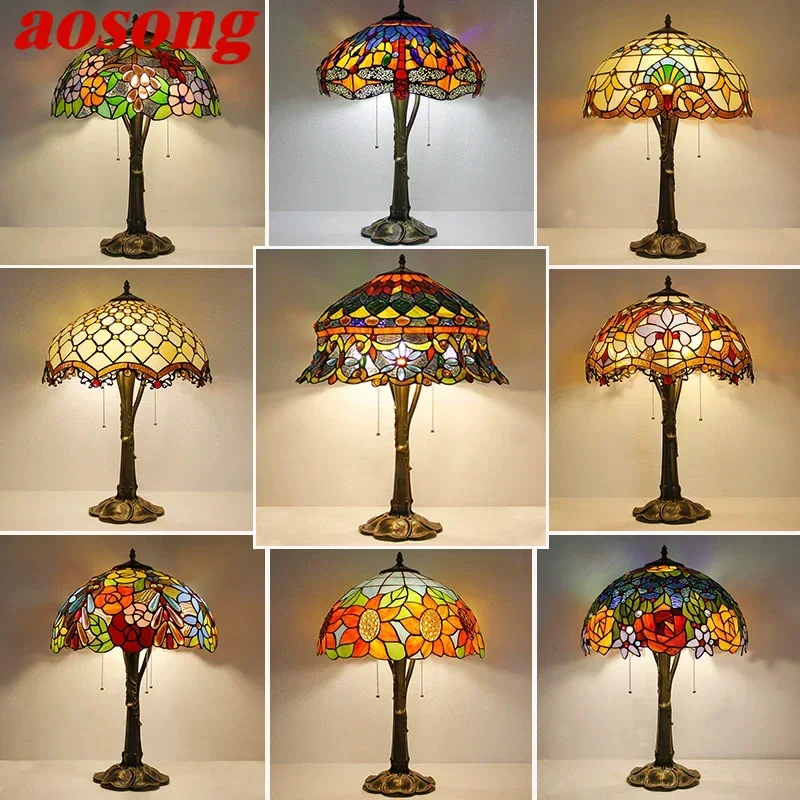 AOSONG Tiffany Table Lamp LED Luxury Creativity Living Room Study Bedroom Bedside Lamp Villa Hotel Color Glass Desk Light