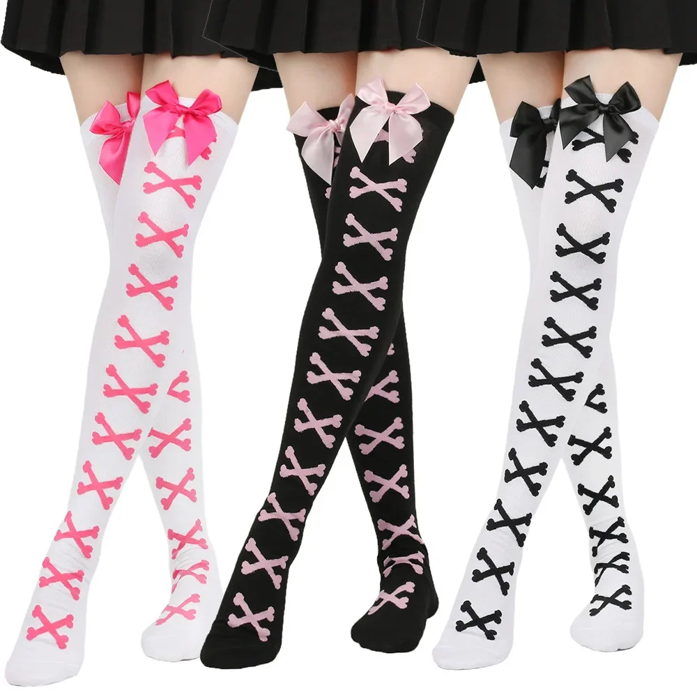 Japanese bowknot stockings, Lolita party dress, knee-high socks, women's European and American Halloween bone-print stockings