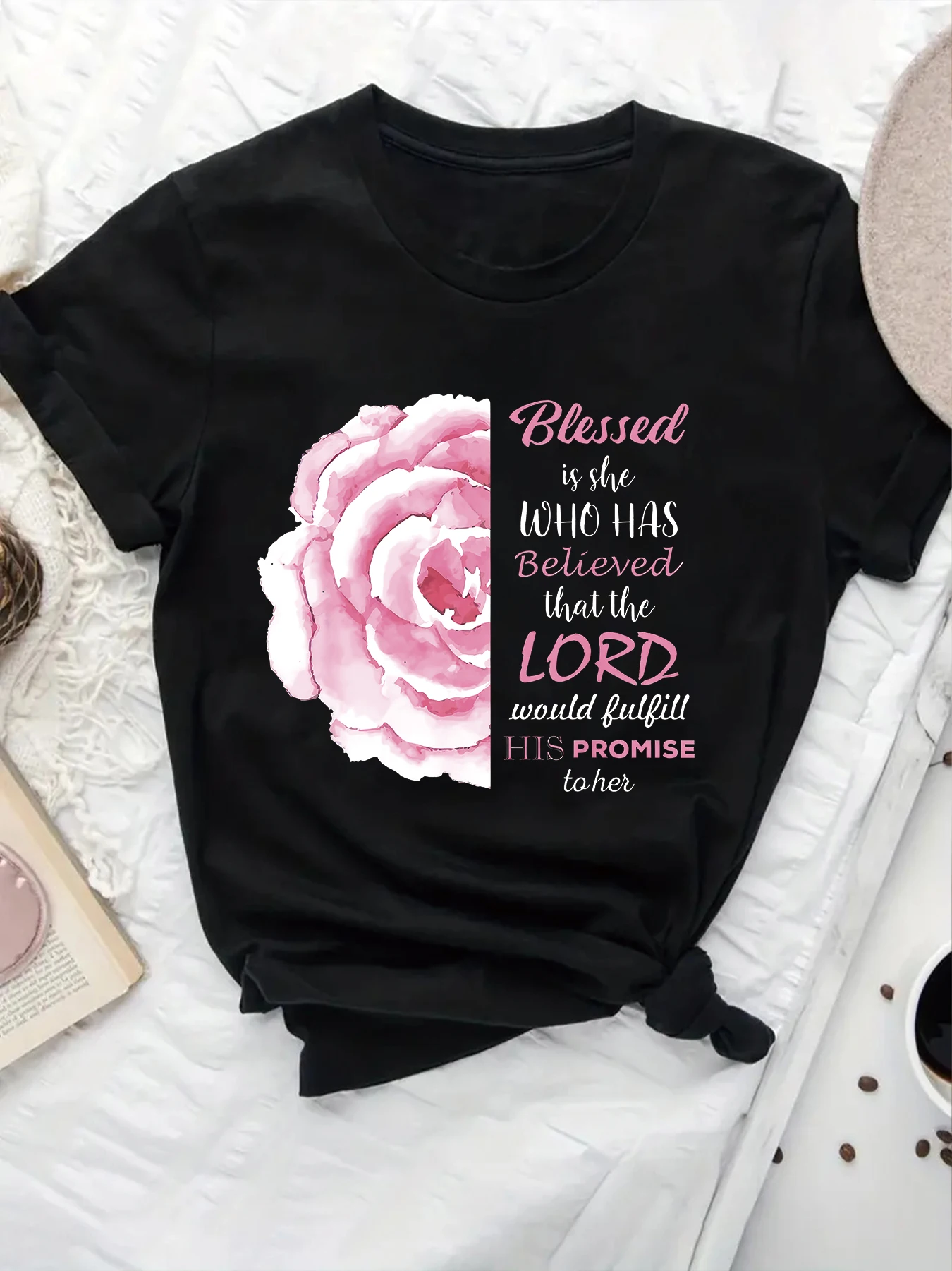 2024 New Christian Shirts For Women Blessed Is She Bible Verses Pattern T-shirt Summer Round Neck Casual Comfortable Women\'s Top