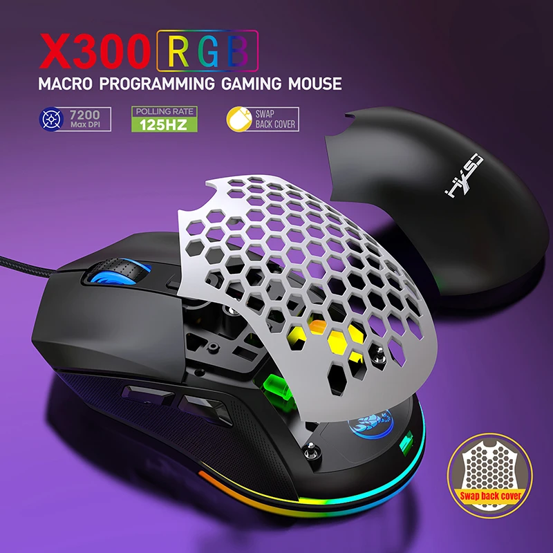 Luxmoc X300 Wired MOUSE RGB Backlight 7200dpi Cave Gaming Mouse Interchangeable Back Cover Lightweight Mouse