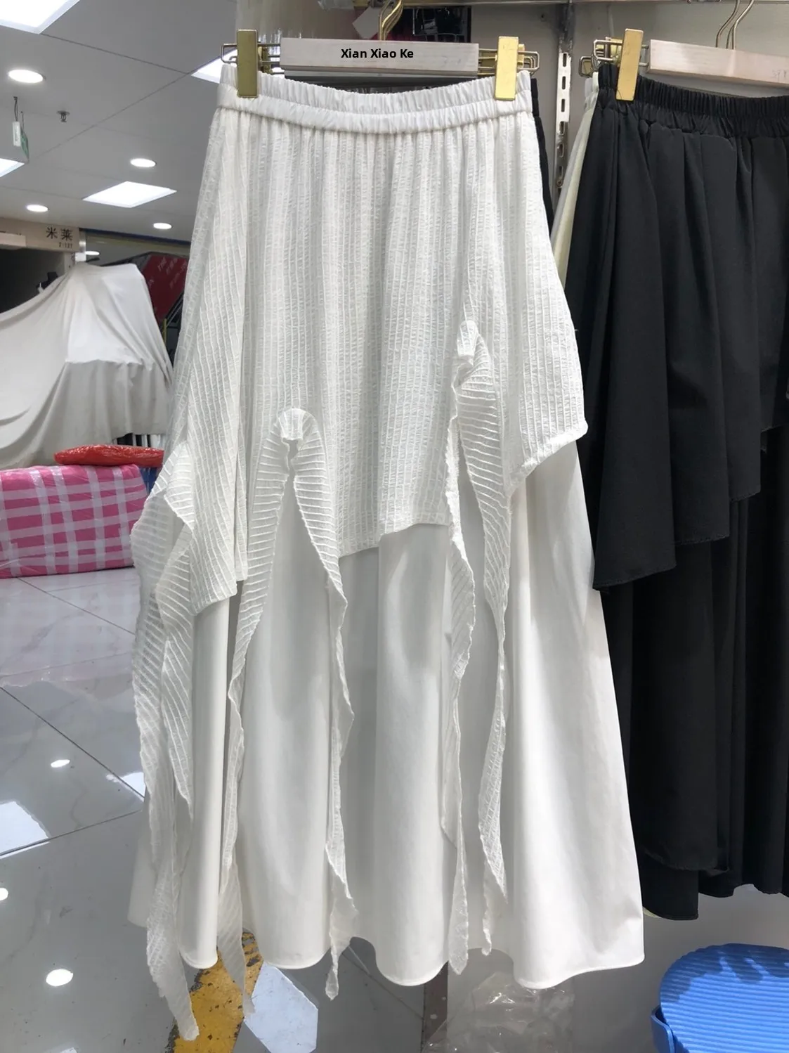 

Spring 2026 High Waist A-Line Skirt with Sash Asymmetrical Hemline False Two-Piece Long Skirt White Color Ladies' Skirt