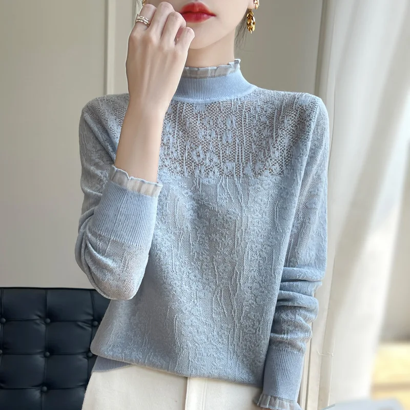 

Women's Base Shirt Elegant Top O-Neck Pullover Flower Pattern New Autumn Winter Non-Wool Knitted Long Sleeve Half High Collar