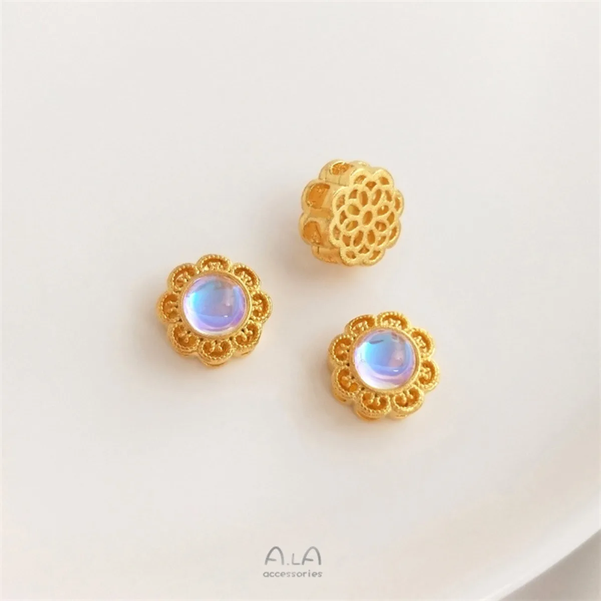 Brass Gold Plated Imitation Pearl Moonstone Large Hole Spacer Lucky Beads DIY Jewelry Findings