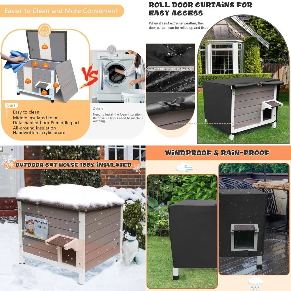 

Weatherproof Insulated Outdoor Cat Shelter - Grey with Cover, Large Size