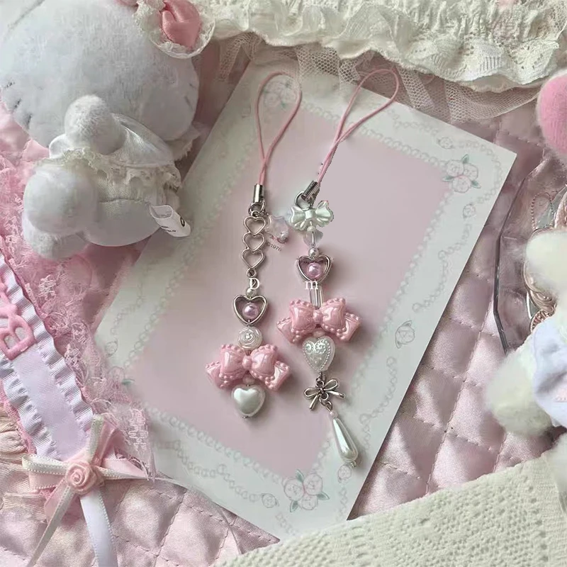 Y2K Beaded Keychain Pink Bowknot Heart Phone Lanyard Sweet Cute Bag Charm Purse Pendant Fresh All-match Mobile Accessories Gift