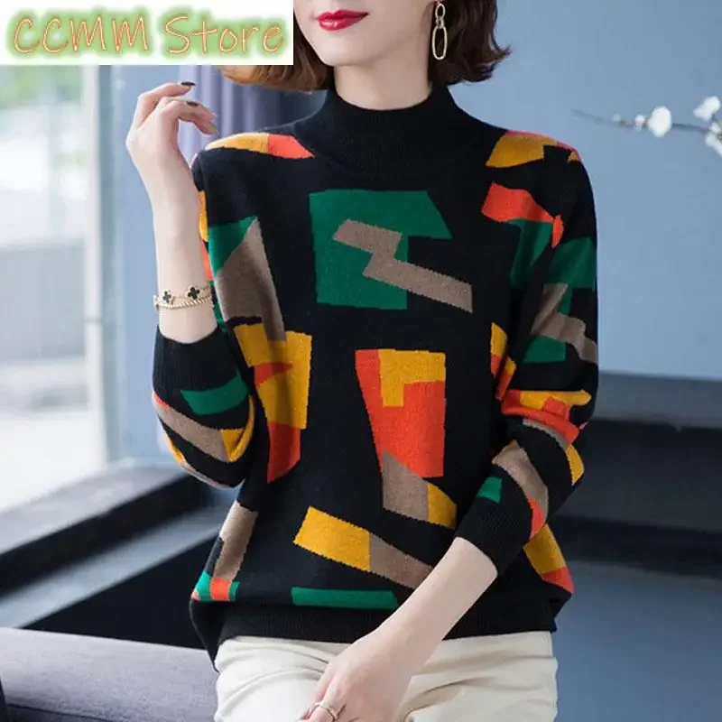 

Вязаные джемперы с геометрическим рисунком для поездок на работу, женская одежда, винтажные свитера с винтовой резьбой, осень-зима, повседневные свитера с полувысоким воротником