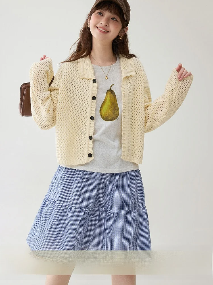 

AMUU Original Anti-Aging ort Svel Sweater Coat Women's Spring New Single Button Hole Hole Turn-down Collar Knitted Top