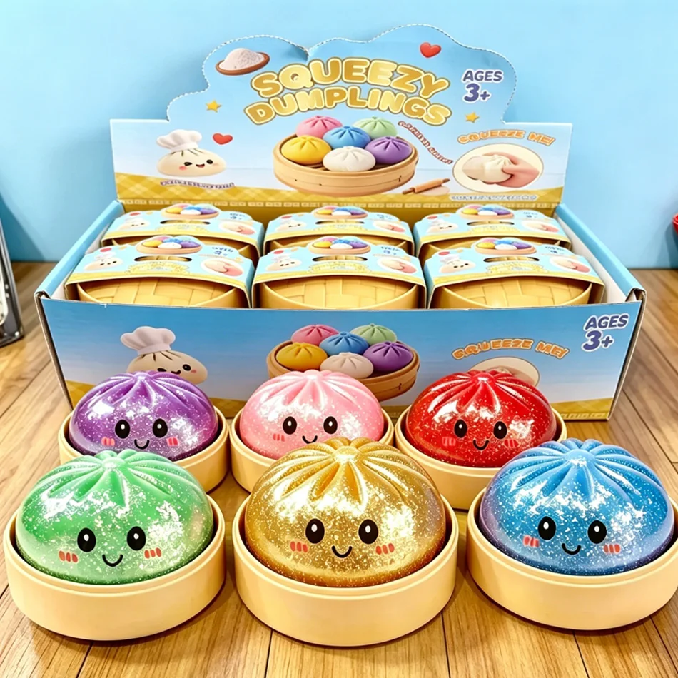 Mystery Blind Box Glitzer-Dumpling Squishy mit Box – Sensorisches Quetschspielzeug zur Stresslinderung